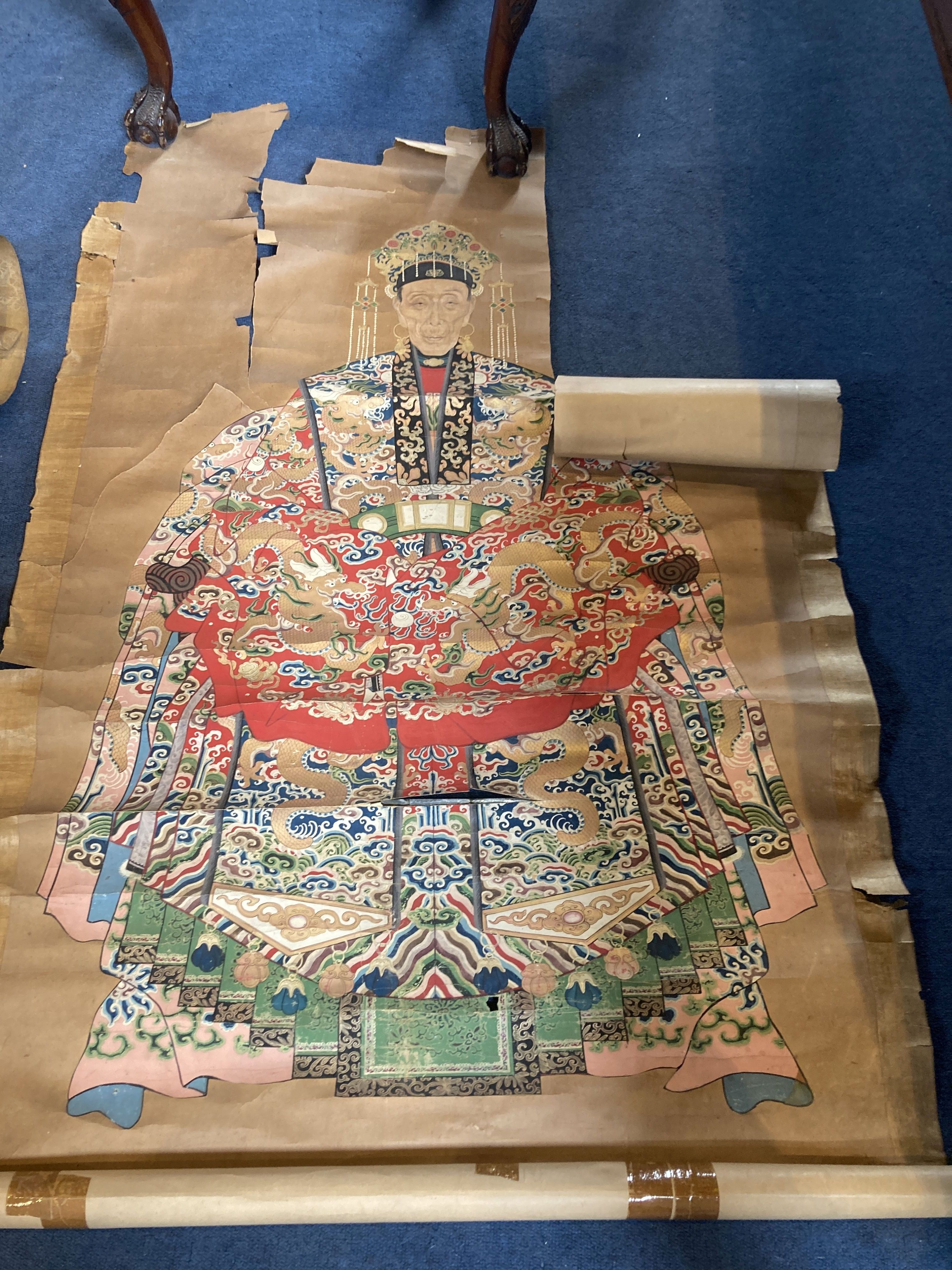 Two Chinese scroll paintings on paper of deities, early 20th century, image 148 x 75cm and two late Qing ancestor scroll paintings, ima